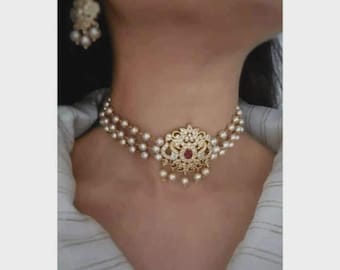Kundan choker kettingenset, goudkleurige afwerking, parels, Amerikaanse diamant, Rajputi sieraden, Indiase bruidssieraden, Kundan choker bruidsset met parels.