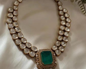 Emerald Green Kundan Collar Necklace Set Gold Plated Polki Indian Wedding Jewelry Statement, gold plated ad Dimond polki kundan jewelry set