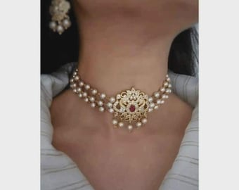 RUBY Red  and Pearl Ad Gold Polished Indian Choker Necklace Set, Adjustable Kundan Bridal Choker, Indian Wedding Jewelery, Bollywood jewele