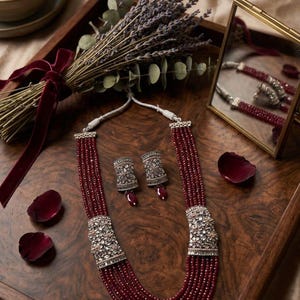 Ruby Stone Maroon green Kundan long layered Necklace Set, Sabyasachi Style Indian Bridal Jewelry, Bollywood jewelry, green Rani haar neck