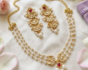Groene Kundan parel choker ketting set, Victoriaanse bruidssieraden voor Indiase bruiloften, feestelijke ketting. Vergulde parel choker set.