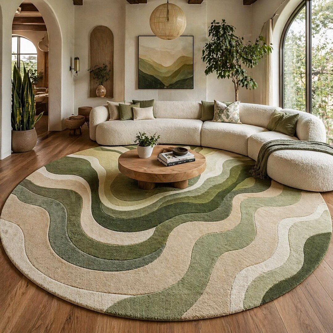 Wool Mix Abstract Rug Hand-tufted Wool Blend Abstract Wave Rug, Earth Tone Boho Living Room ...