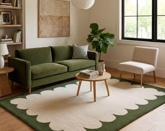 Handgetufteter Wollteppich, Abstrakter Beige Grüner Zeitgenössischer Teppich, Wohnzimmer Teppich in Sondergröße