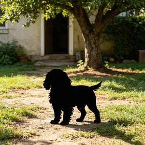 Pode incluir: Uma silhueta de metal preto sólido de um cão pequeno com orelhas caídas e cauda felpuda, em pé de perfil. O recorte apresenta um contorno detalhado da textura do pelo ao longo das bordas, criando uma forma canina distinta no ambiente.