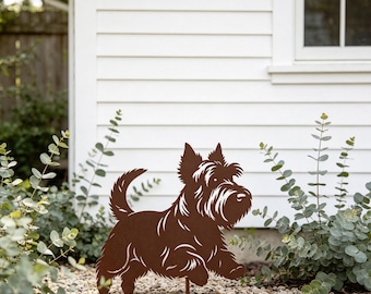 Skotsk terrier metallträdgårdsstång, Scottie hund silhuett trädgårdsdekor, rostfri utomhusgräsmatta konst, Scottie hund mamma present, metallhundstaty