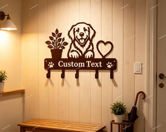 Dog-Themed Metal Hook Rack, Personalized Dog Leash Holder, Golden Retriever Metal Key Hook Rack, Decorative Entryway Key Holder