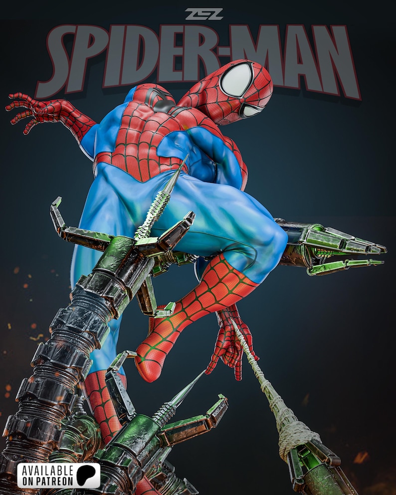 May include: A dynamic statue of Spider-Man in a classic pose, clad in a red and blue suit with web-shooters. The figure is set against a dark background, with the words "Spider-Man" prominently displayed. The statue is detailed and appears to be a collectible item.