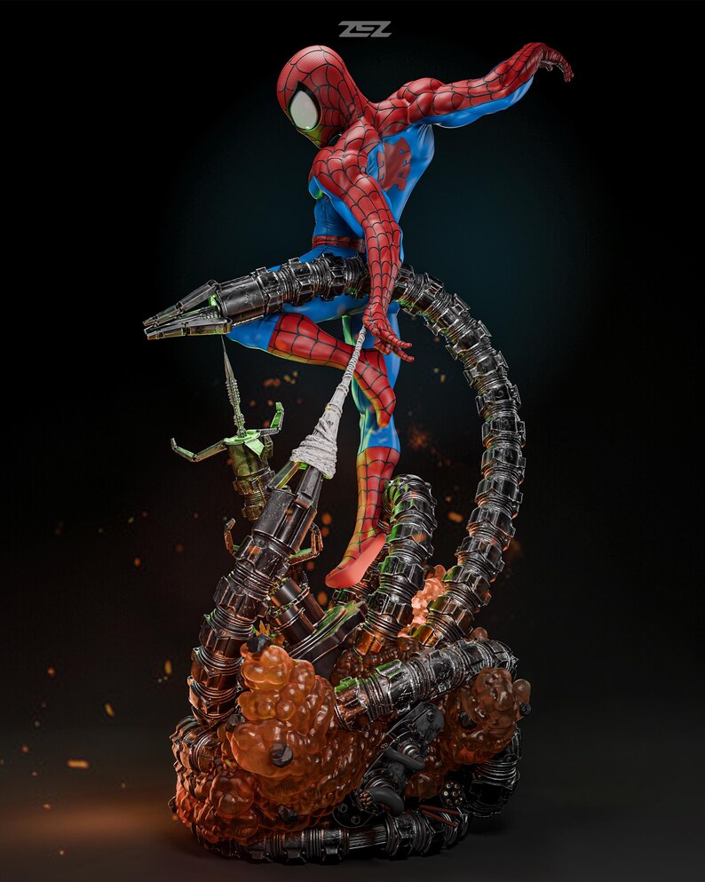 May include: A dynamic statue of Spider-Man in a classic red and blue suit, posed mid-action. He is entangled with mechanical tentacles and a green figure. The base features fiery orange and metallic elements, with the ZSZ logo in the top corner.