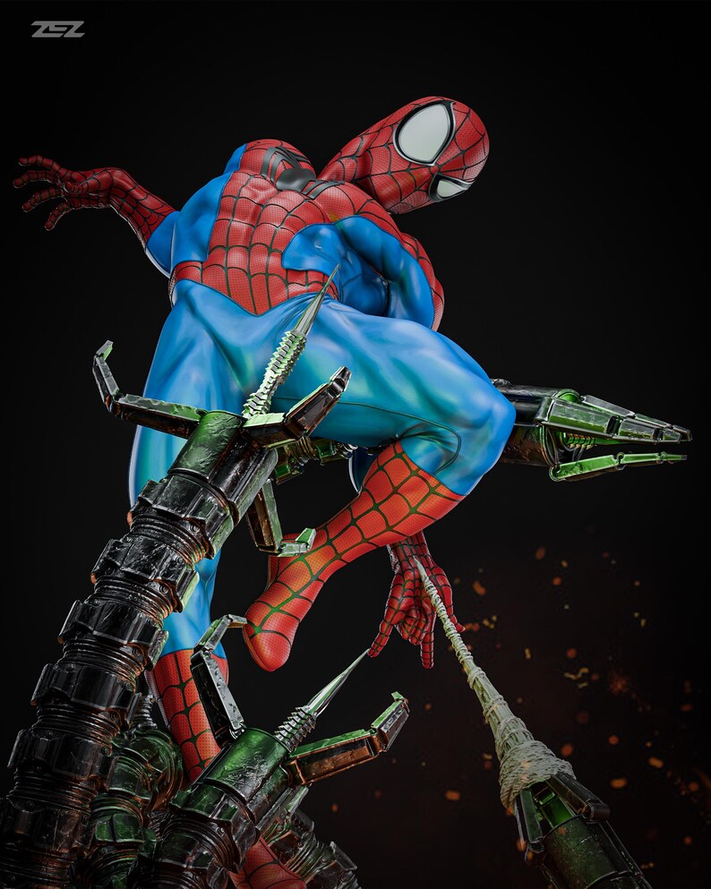 May include: A detailed statue of Spider-Man in a dynamic pose, clad in his iconic red and blue suit. The figure is perched atop mechanical arms, with a web strand extending. The statue features intricate detailing and a dramatic, action-oriented design.