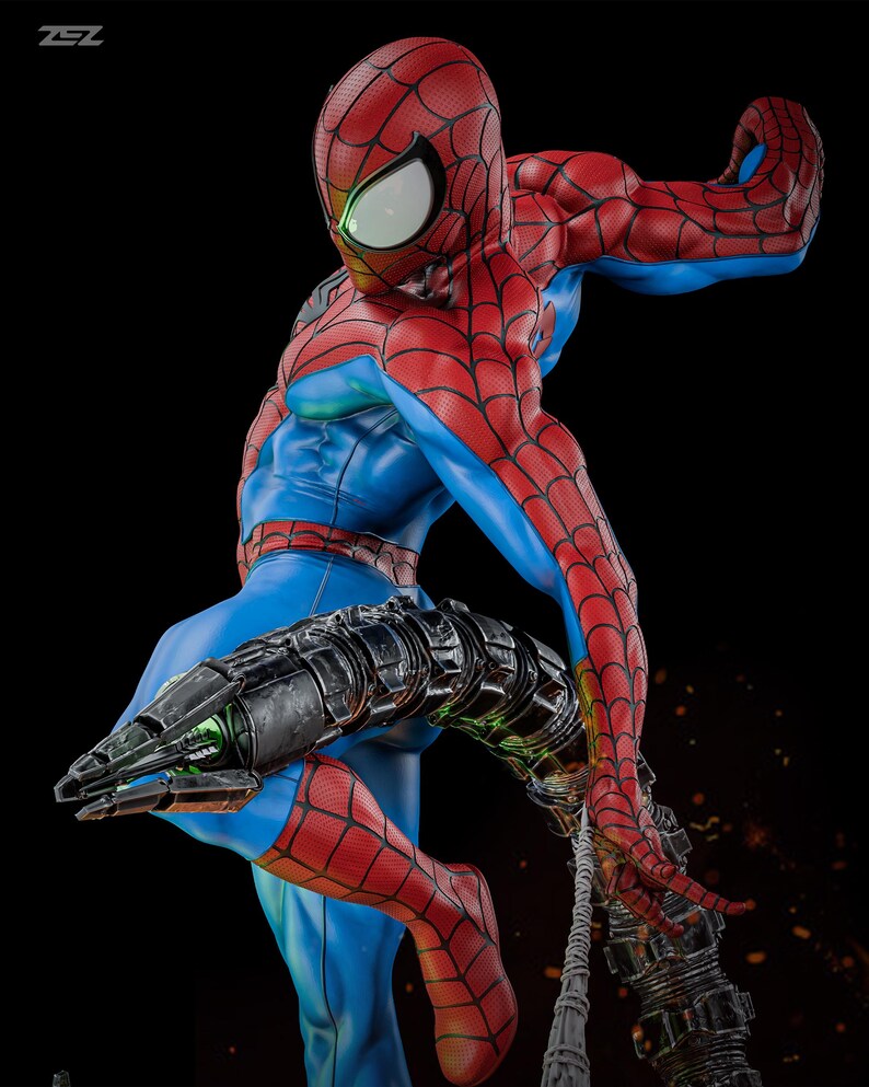 May include: A detailed statue of Spider-Man in a dynamic pose, featuring his iconic red and blue suit with web detailing. The figure has a muscular build and is holding a mechanical arm with green accents. The background is black.