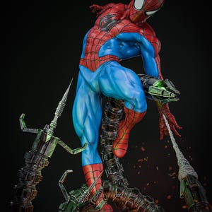 May include: A detailed statue of Spider-Man in a dynamic pose, featuring his iconic red and blue suit. The figure is perched on mechanical tentacles, with a web strand extending. The statue has a glossy finish and is set against a dark background.