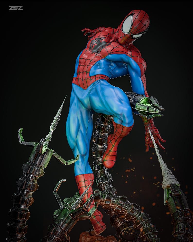 May include: A detailed statue of Spider-Man in a dynamic pose, featuring his iconic red and blue suit. The figure is perched on mechanical tentacles, with a web strand extending. The statue has a glossy finish and is set against a dark background.