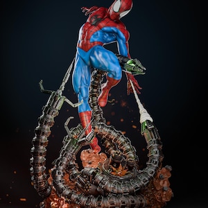 May include: A detailed statue of Spider-Man in a dynamic pose, clad in his iconic red and blue suit. The figure is supported by mechanical tentacles, with a fiery base. The statue has intricate detailing and a dramatic, action-oriented design.