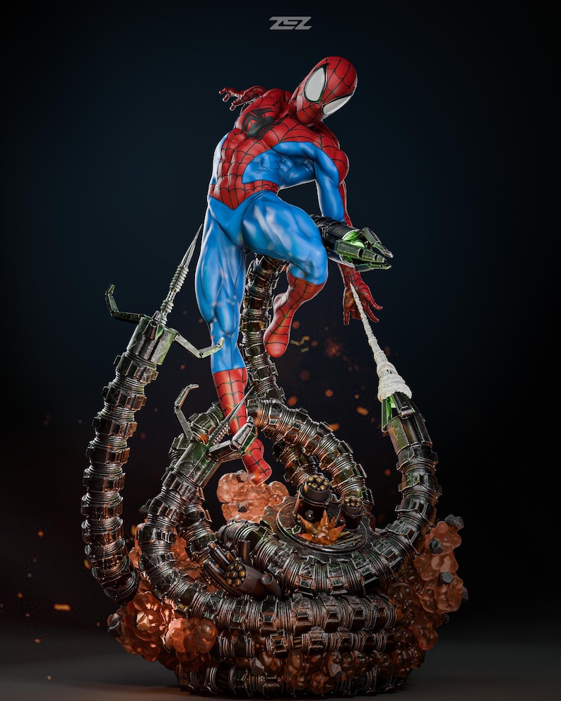 May include: A detailed statue of Spider-Man in a dynamic pose, clad in his iconic red and blue suit. The figure is supported by mechanical tentacles, with a fiery base. The statue has intricate detailing and a dramatic, action-oriented design.