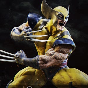 May include: A detailed figurine of a character wearing a yellow and blue suit with a mask featuring large pointed ears. The character has a snarling expression, muscular arms, and metallic claws extending from each hand. Text reads: Patreon | LAfigures.