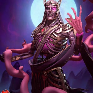 Könnte beinhalten: Eine digitale Kunst-Rendering einer skelettartigen Figur mit Krone und kunstvoller Rüstung. Die Figur hat ein leuchtendes violettes Auge und ist von rosa, tentakelartigen Anhängseln umgeben. Der Hintergrund zeigt einen großen, hellen Mond und einen lila-blauen Farbverlauf.