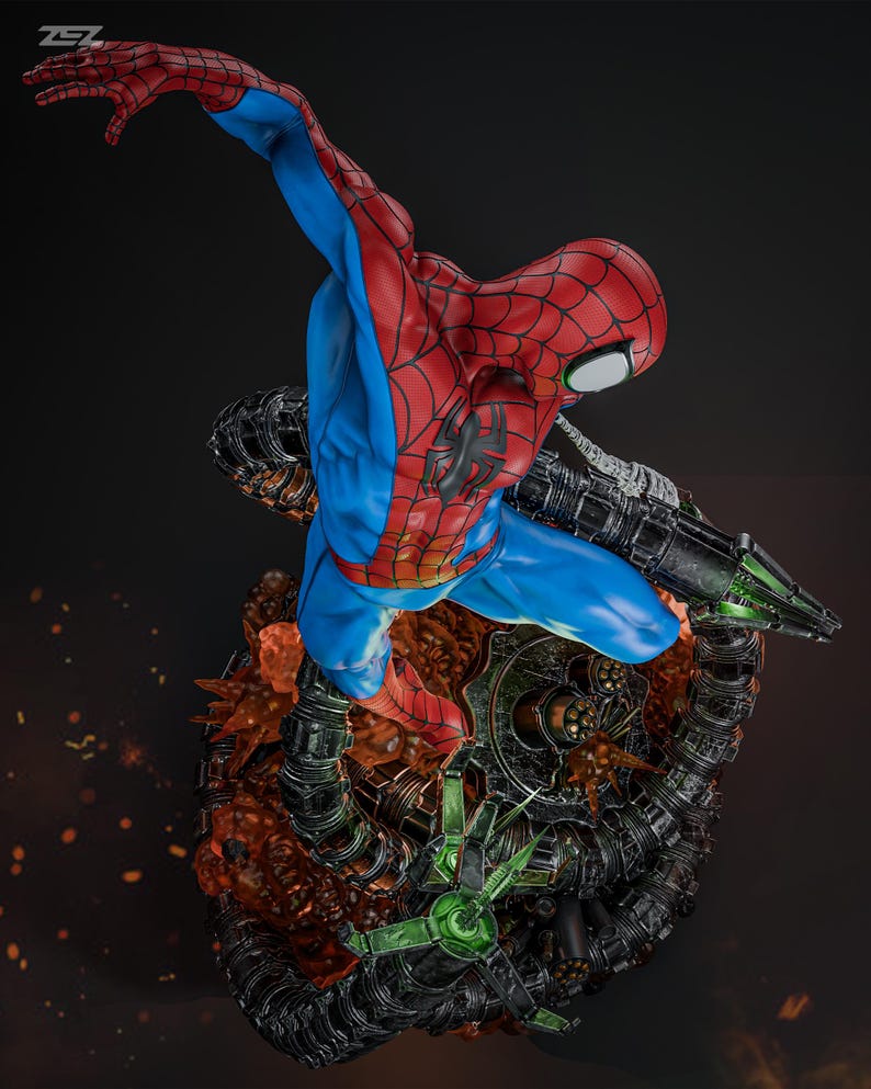 May include: A dynamic statue of Spider-Man in a classic red and blue suit, mid-action. The figure is posed above a detailed, mechanical base with green and black accents, set against a dark background. The statue captures the essence of the superhero.