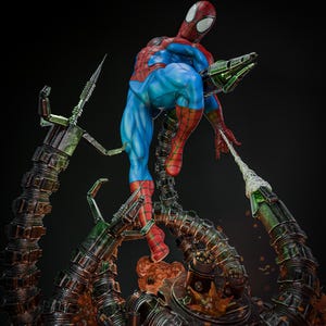May include: A detailed figurine of Spider-Man in a dynamic pose, clad in his iconic red and blue suit. He is perched atop a mechanical structure with multiple metallic tentacles, with a dark background.