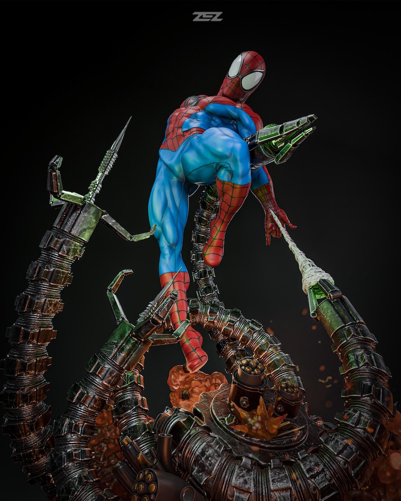 May include: A detailed figurine of Spider-Man in a dynamic pose, clad in his iconic red and blue suit. He is perched atop a mechanical structure with multiple metallic tentacles, with a dark background.