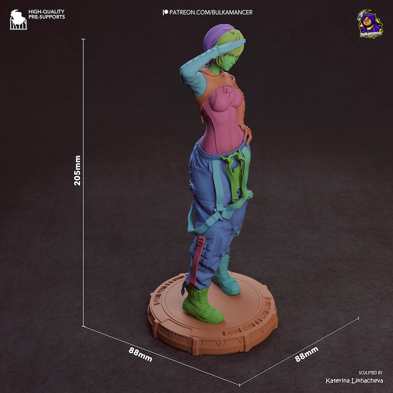 K&ouml;nnte beinhalten: Eine 3D-gedruckte Figur einer weiblichen Figur, 20,5 cm hoch, mit futuristischem Design. Die Figur tr&auml;gt ein rosa Korsett, blaue Hose und gr&uuml;ne Stiefel. Der Sockel hat einen Durchmesser von 8,8 cm. Die Haare der Figur sind lila und gr&uuml;n. Der Text auf dem Bild lautet "HIGH-QUALITY PRE-SUPPORTS" und "PATREON.COM/BULKAMANCER".