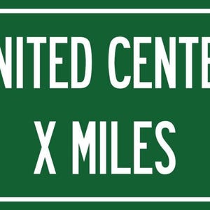 Green United Center highway distance sign reading '184 MILES' on heavy gauge aluminum; Chicago Bulls/Blackhawks souvenir.
