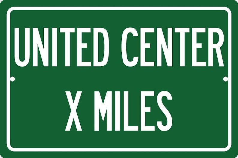 Green United Center highway distance sign reading '184 MILES' on heavy gauge aluminum; Chicago Bulls/Blackhawks souvenir.