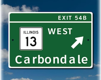 Carbondale Illinois highway exit sign, green aluminum university sign memorabilia