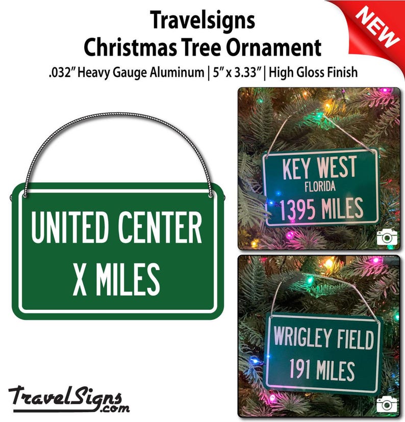 Green United Center highway distance sign reading '184 MILES' on heavy gauge aluminum; Chicago Bulls/Blackhawks souvenir.