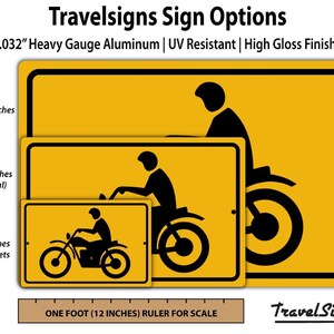 Motorcycle warning DOT street sign on a bright yellow panel with a black motorcycle silhouette, on heavy gauge aluminum.