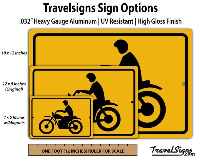 Motorcycle warning DOT street sign on a bright yellow panel with a black motorcycle silhouette, on heavy gauge aluminum.