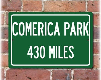 Comerica Park, Letrero personalizado de distancia en carretera a: Hogar de los Detroit Tigers, Letrero personalizado del estadio de la MLB, Decoración para bar deportivo, Regalo para papá