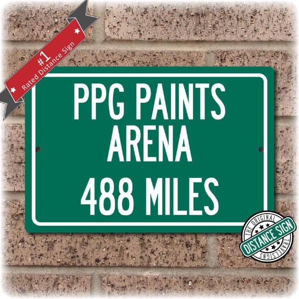 PPG Paints Arena, Letrero de distancia personalizado de aluminio para carretera: Hogar de los Pittsburgh Penguins; Decoración de pared única de la NHL, Arena personalizada
