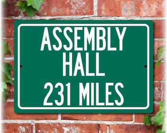 IU Assembly Hall distance sign, red aluminum wall decor, customizable college spirit sign