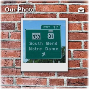 Notre Dame exit sign wall decor — green aluminum road sign featuring South Bend Notre Dame and Exit 77.