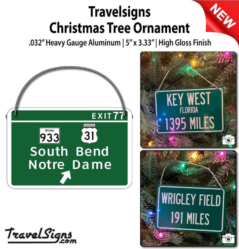 Notre Dame exit sign wall decor — green aluminum road sign featuring South Bend Notre Dame and Exit 77.