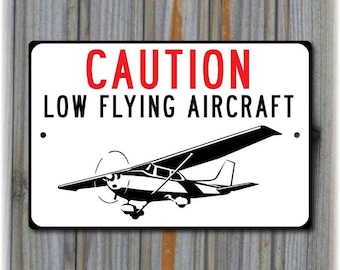 Caution Low Flying Aircraft Sign, Aluminum Highway Style, Yellow Black Hangar Wall Decor