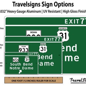 Notre Dame exit sign wall decor — green aluminum road sign featuring South Bend Notre Dame and Exit 77.