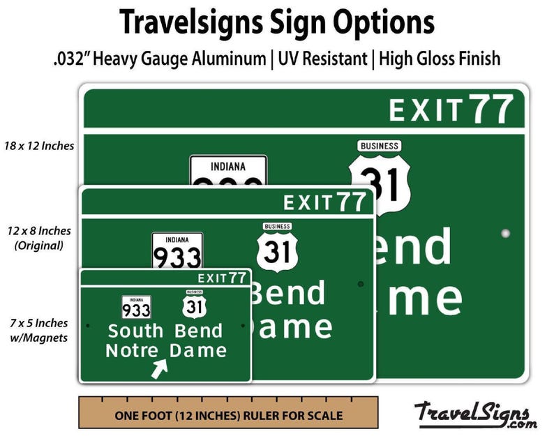 Notre Dame exit sign wall decor — green aluminum road sign featuring South Bend Notre Dame and Exit 77.
