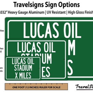 Lucas Oil Stadium Distance Sign: Green Sign with White Letters with Personalized distance in Miles