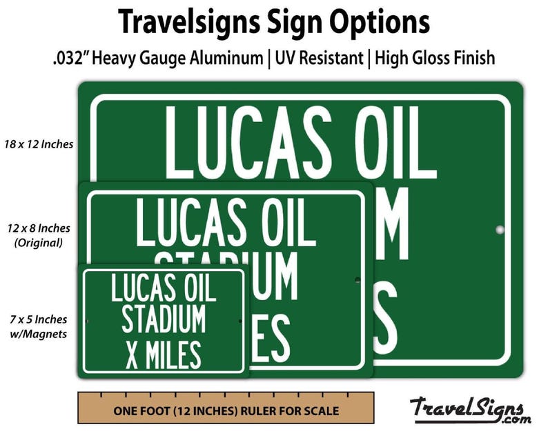 Lucas Oil Stadium Distance Sign: Green Sign with White Letters with Personalized distance in Miles