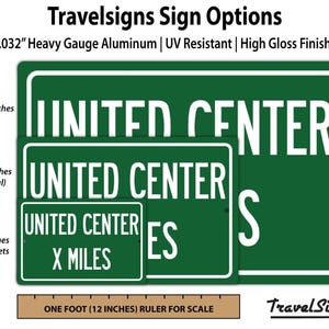 Green United Center highway distance sign reading '184 MILES' on heavy gauge aluminum; Chicago Bulls/Blackhawks souvenir.