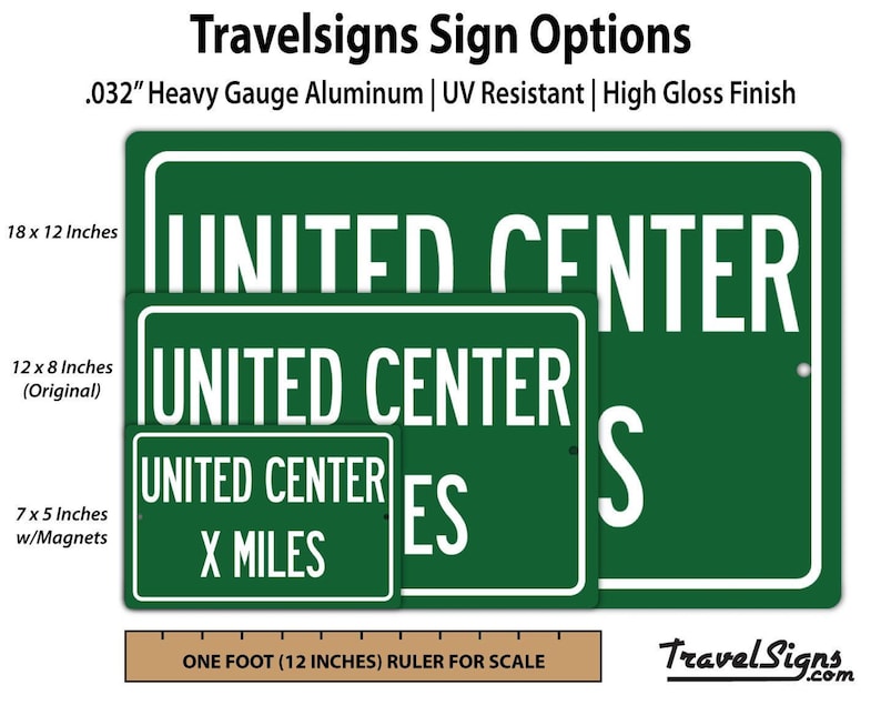 Green United Center highway distance sign reading '184 MILES' on heavy gauge aluminum; Chicago Bulls/Blackhawks souvenir.