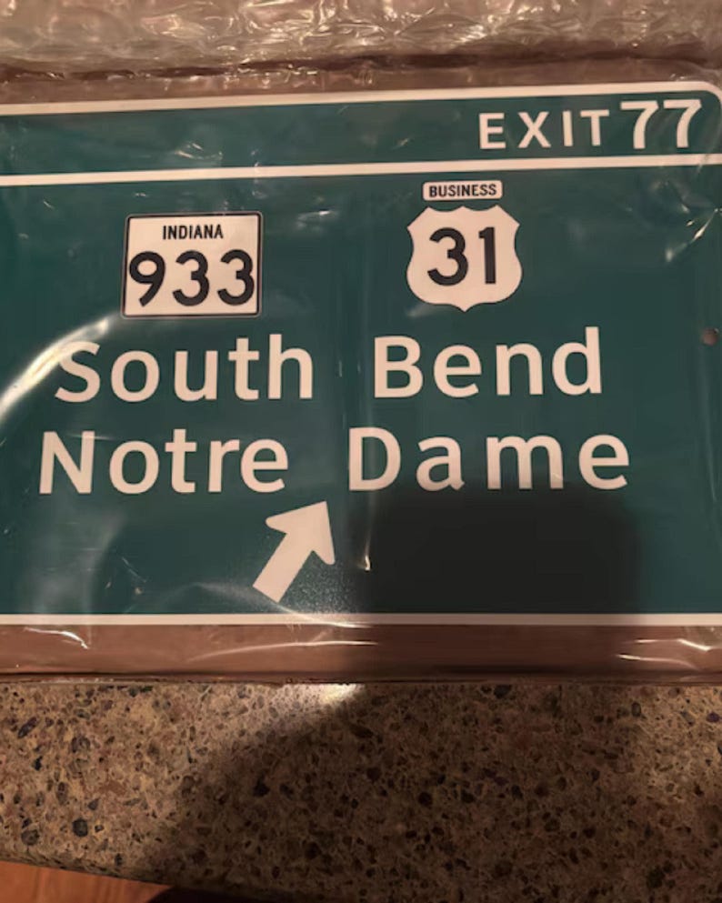 Notre Dame Highway Exit Sign- Green Aluminum Wall Decor, Classic South Bend ND Road Sign, Irish Pride Display