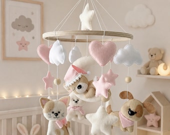 Decoração rosa para quarto de bebê menina, móbile de feltro em tons pastel com animais de berço, cachorro, gato, urso, lua e estrelas, presente para chá de bebê, decoração de quarto.