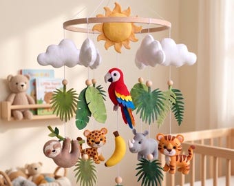 Safari baby mobile nursery decor jungle animal crib toy felt sloth tiger newborn gift neutral boho room art rhino macaw sun leaf