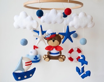 Móvil náutico para bebé, decoración de guardería con temática oceánica, cuna de fieltro con velero azul marino, regalo para baby shower de niño, oso, regalo para recién nacido, juguete colgante personalizado para guardería costera