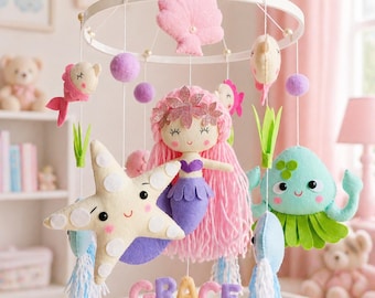 Personalized mermaid baby mobile girl under the sea nursery decor custom name felt crib toy pastel ocean newborn shower gift