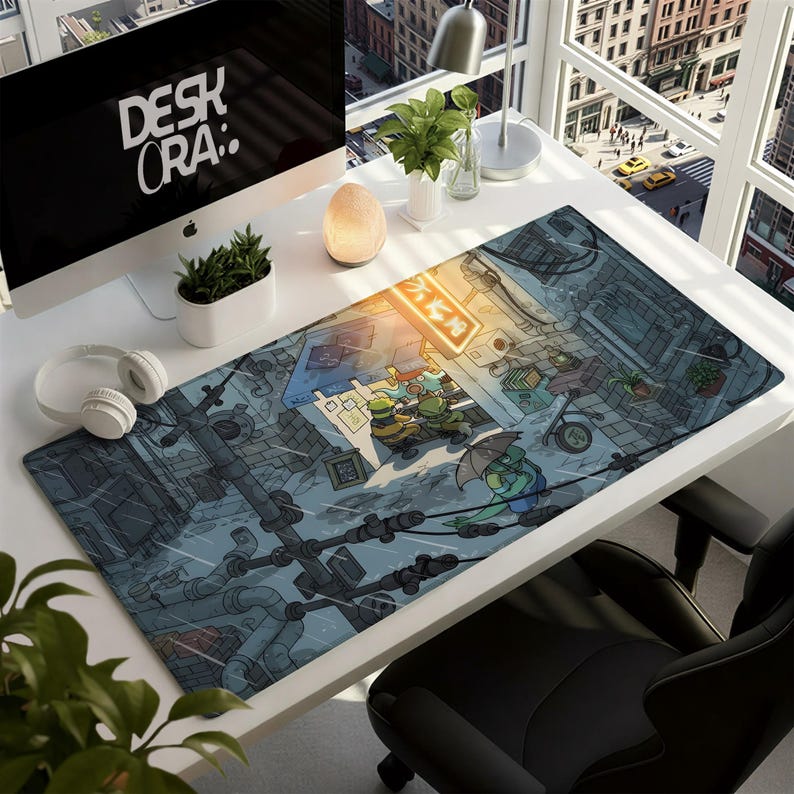 May include: A rectangular desk mat featuring a detailed cartoon illustration of the Teenage Mutant Ninja Turtles in a city setting. The mat has a blue and gray color scheme with the text "DESK ORA:" on the computer screen.