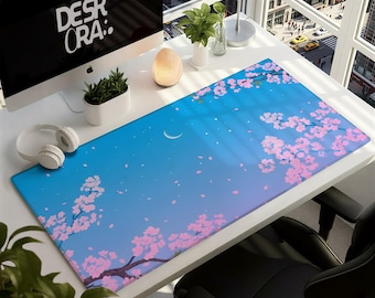 Alfombrilla de escritorio con diseño de flor de cerezo - Alfombrilla de ratón kawaii con diseño de Sakura y luna creciente - Alfombrilla de ratón floral para gamers