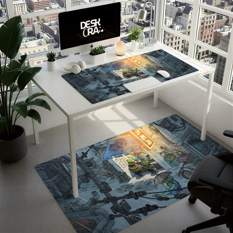 May include: A white desk with a computer, keyboard, and mouse, featuring a desk mat and floor mat with a cartoon cityscape design. The computer screen displays the text "DESK CRA:". A black office chair is in the foreground.